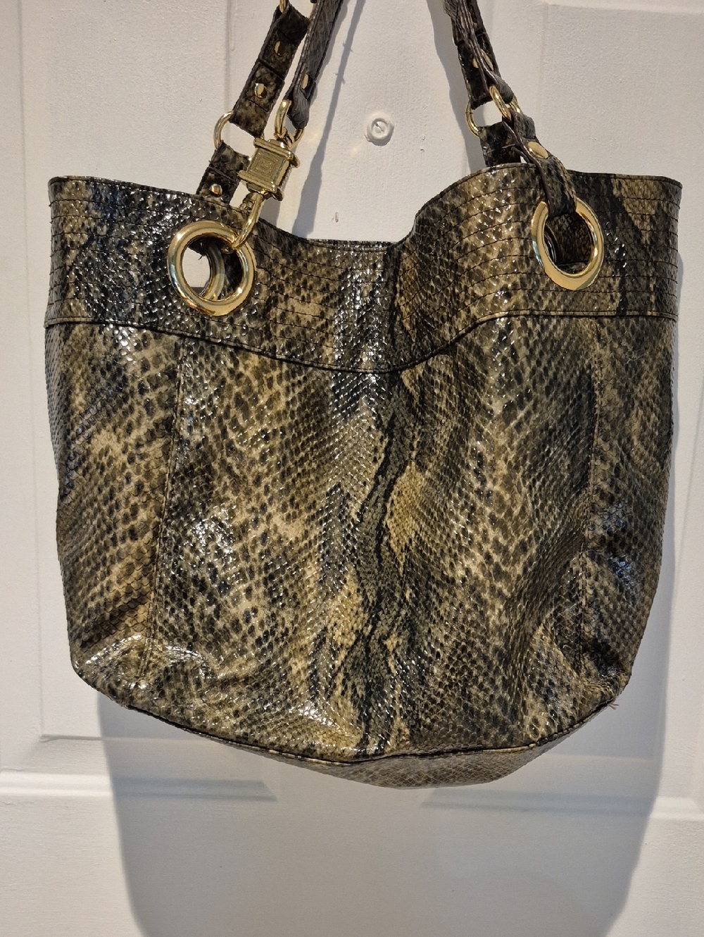 Steven by Steve Madden Snake-Print Tote Bag in Olive Brown with Gold Hardware